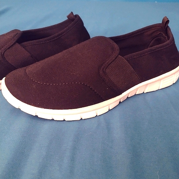 Take a Walk Shoes - NWOT Take a Walk Women's Black Stretch Slip On Athletic Shoes with White Soles